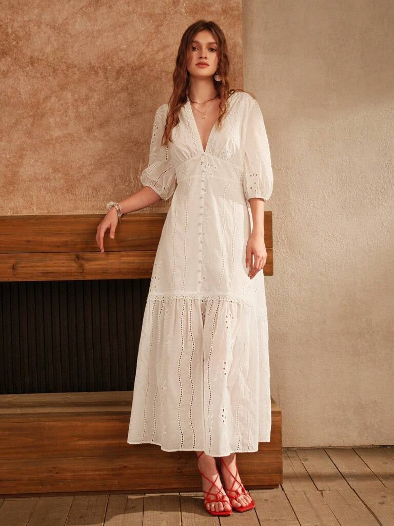 Vestido Branco Longo Com Renda Decote em V